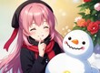 A girl makes a snowman in winter for the Christmas holidays. In anime style. Generative AI