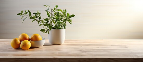 Canvas Print - Empty table in a bright kitchen with a white wall and morning light with copyspace for text