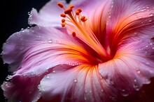 Pink Hibiscus Flower With Water Drops On Petals.