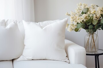 Beautiful white pillow mockup couch with modern interior background