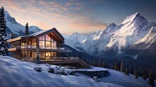 Panoramic view of modern chalet in Alps at sunset