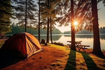 camping and tent under the pine forest near the lake with beautiful sunlight in the morning
