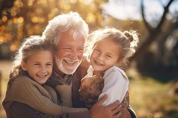 Wall Mural - Meeting of grandfather and grandchildren. An elderly man and his grandchildren are happy together. They hug and rejoice at meeting each other. Caring for the elderly. Children visit old people.