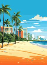 Miami Resort City At Sunset. Summer Cityscape And Sea Shore With Sand Beach And Palm Trees, Vector