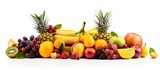 Fototapeta  - Mixed tropical fruit on a white surface with copyspace for text