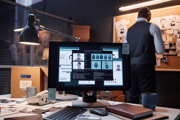 Background image of computer with case file on screen in detectives office, copy space