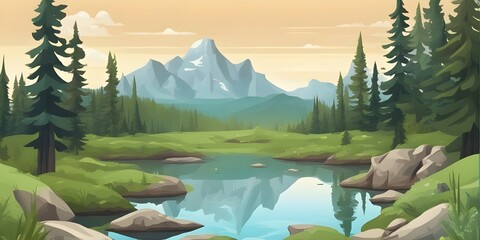 landscape with lake and mountains and clouds with blue sky and green scenery, vector illustration