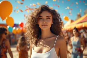 Wall Mural - Beautiful woman on the beach, Celebrating a summer festival.