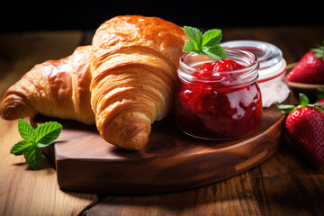 Wall Mural - Strawberry jam and croissant on the wooden table close up