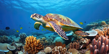A Large Sea Turtle Sitting On A Coral Reef In The Red Sea.
