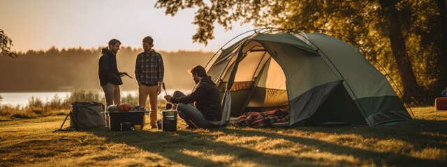 Wall Mural - Group of friends with a tent vacationing in nature