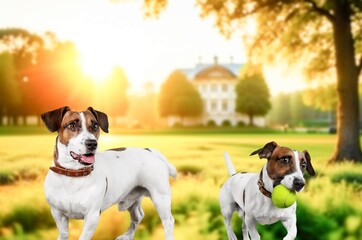 Canvas Print - Two cute smart domestic dogs running on the grass, AI generated image