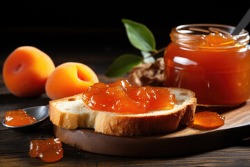 Wall Mural - Homemade apricot jam on the bread on the rustic wooden table close up