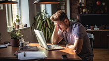 Headache, stress and burnout at home, young man suffering from fatigue and exhaustion. Frustrated, failing small business owner annoyed and under pressure from a heavy workload while working remotely