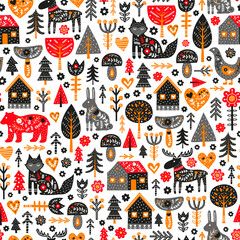 Seamless pattern with doodle Scandinavian icons.