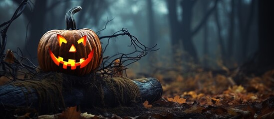 Sticker - Smiling pumpkin in spooky autumn forest with copyspace for text