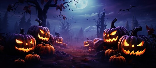 Canvas Print - Illustration of Halloween themed elements on a dark night sky with copyspace for text