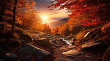 Fototapeta  - Natural autumn landscape with the sun in the forest and a mountain of orange leaves.