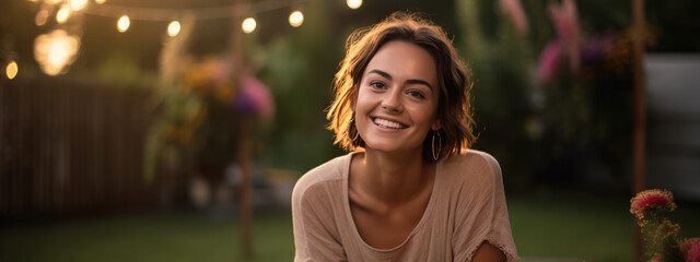 Canvas Print - Joyful girl smiles in her back yard on a sunny day