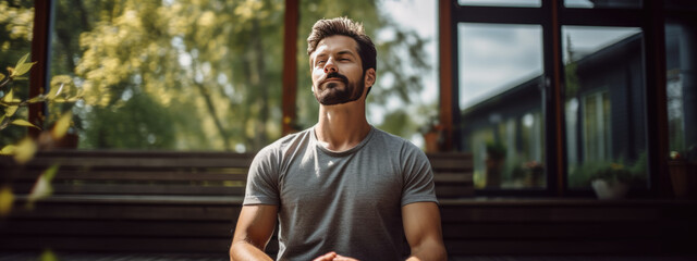 Poster - Relaxed man practicing lotus pose in yoga, meditating and smiling