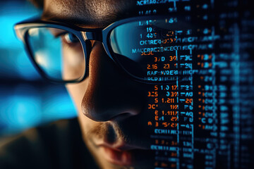 Cyber security concept. Close up of man in glasses looking at computer screen with code.