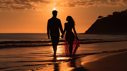 Wall Mural - Silhouette of a couple on the beach