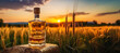 A bottle of whiskey in front of a field of fresh barley. AI generated.