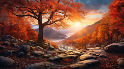 Wall Mural - Natural autumn landscape with the sun in the forest and a mountain of orange leaves.