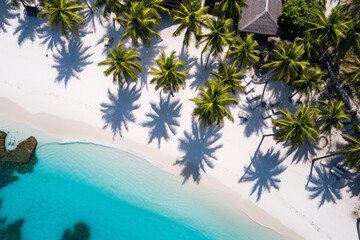 Wall Mural - Beach with palm trees and white sand, drone view, top view. AI generated.