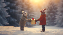 Two Kids Sharing A Gift Box For Christmas, Looking At Each Other, Face To Face. Children Playing Xmas Secret Santa. Outdoor Scene With Sunset In The Snow Of Winter. Wrapped Present.