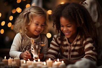 Merry Christmas and Happy Holiday! Cute little children girls with present gift box near tree at home.