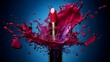 Red lipstick splashing out of a black bottle on a blue background