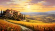 Panoramic view of Tuscan landscape with sunflowers.