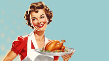 Vintage Style Illustration Of Cheerful, Young Woman With Apron And Roast Turkey Isolated On Light Blue Background. Happy Housewife Of The 1950s Concept. Copy Space For Text.
