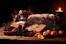 Traditional Food For Orthodox Christmas Eve. Yule Log Or Badnjak, Bread, Cereals, Dried Fruits And Burning Candle On Wooden Table.
