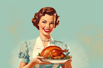 Vintage style illustration of cheerful, young woman with apron and roast turkey isolated on light blue background. Happy housewife of the 1950s concept. Copy space for text.
