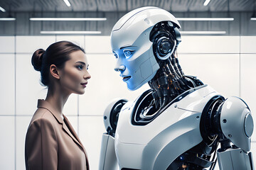 A woman talking with an ai robot