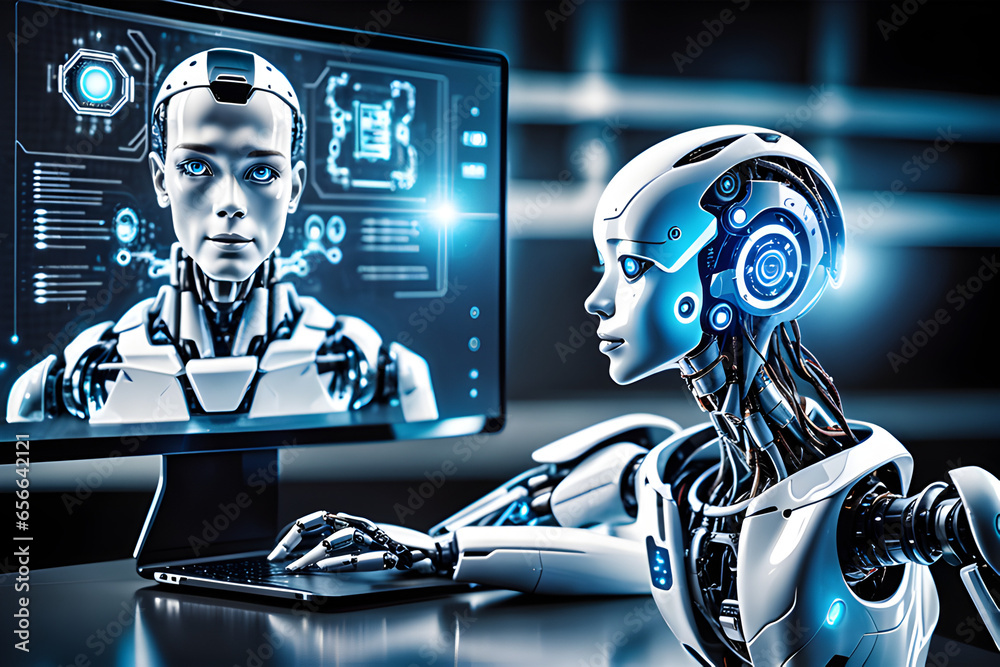 Two Robots Using Computers Ai robot using a computer while designing another robot Stock ...
