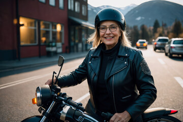 Portrait of happy confident senior female motorcyclists travels through the Norwegian fjords. Concept of active age