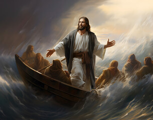 Wall Mural - Jesus Christ on the boat calms the storm at sea.