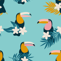 Wall Mural - Birds toucans and modern flowers plumeria leaves form a seamless pattern. Exotic design for textiles. 