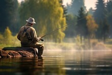 Fishing, A Fisherman With A Fishing Rod On The Shore Of A Lake Or Pond Catches Fish. Peaceful Morning Dawn And Silence, Fishing For Perch Crucian Carp With Bait, Leisure Hobby
