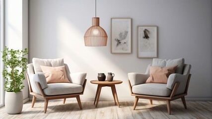 Living room in classic style with two armchairs, coffee table and pillows in peach fuzz color