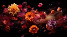 Abstract Floral Explosion Of Poppies And Dahlias In A Burst Of Reds, Oranges, And Purples On A Pitch-black Backdrop. Gorgeous Floral Design Art. 