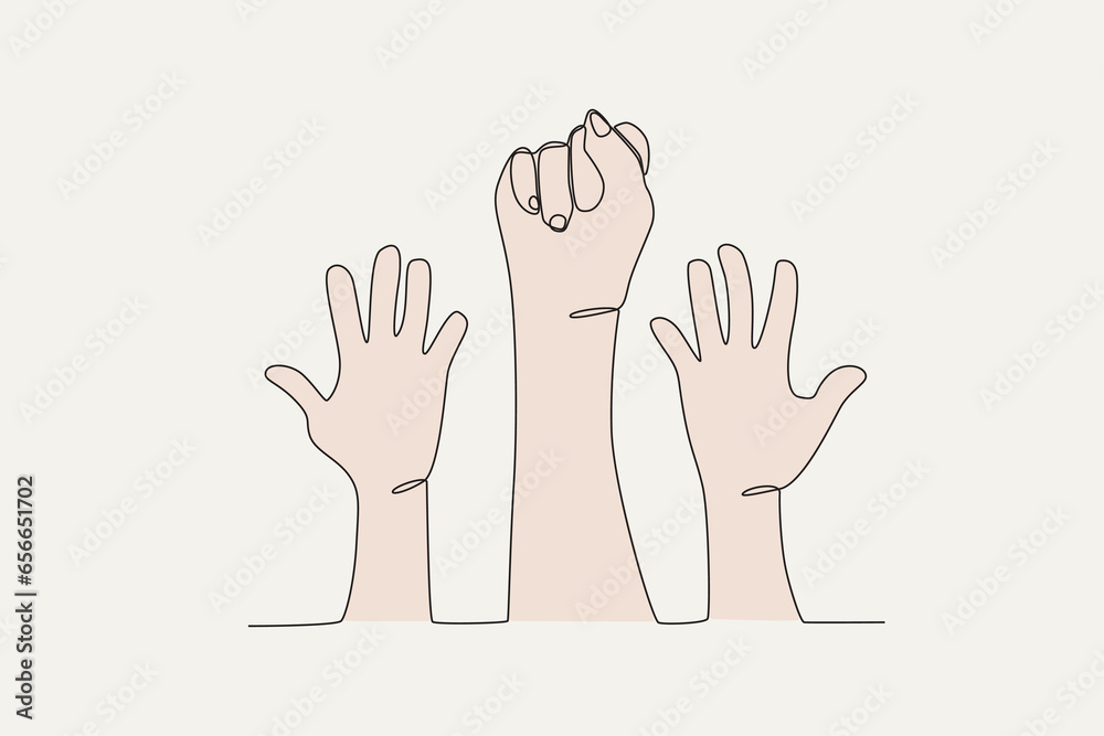 Single Hand Raised Human Rights Image Colored illustration of hands raised upwards. Human rights day one-line ...