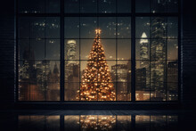 Christmas tree in the big panoramic window in the city lights