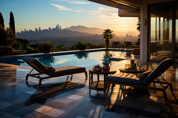 Wall Mural - modern villa with big windows in evening.