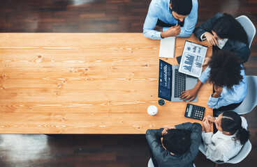 Wall Mural - Panorama top view multiracial analyst team use BI dashboard display on laptop screen, analyzing financial data for strategic decision. Fintech analyzes marketing indicators. Concord