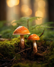 Two Small Yellow Fly Agarics In The Forest