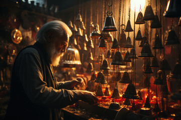 Poster - A person sculpting wind chimes, blending metal and melody in a harmonious display. Concept of crafted sound. Generative Ai.